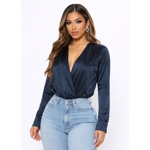 Nine Britton Eva Satin Surplice Bodysuit Women Size M Navy Blue NWT